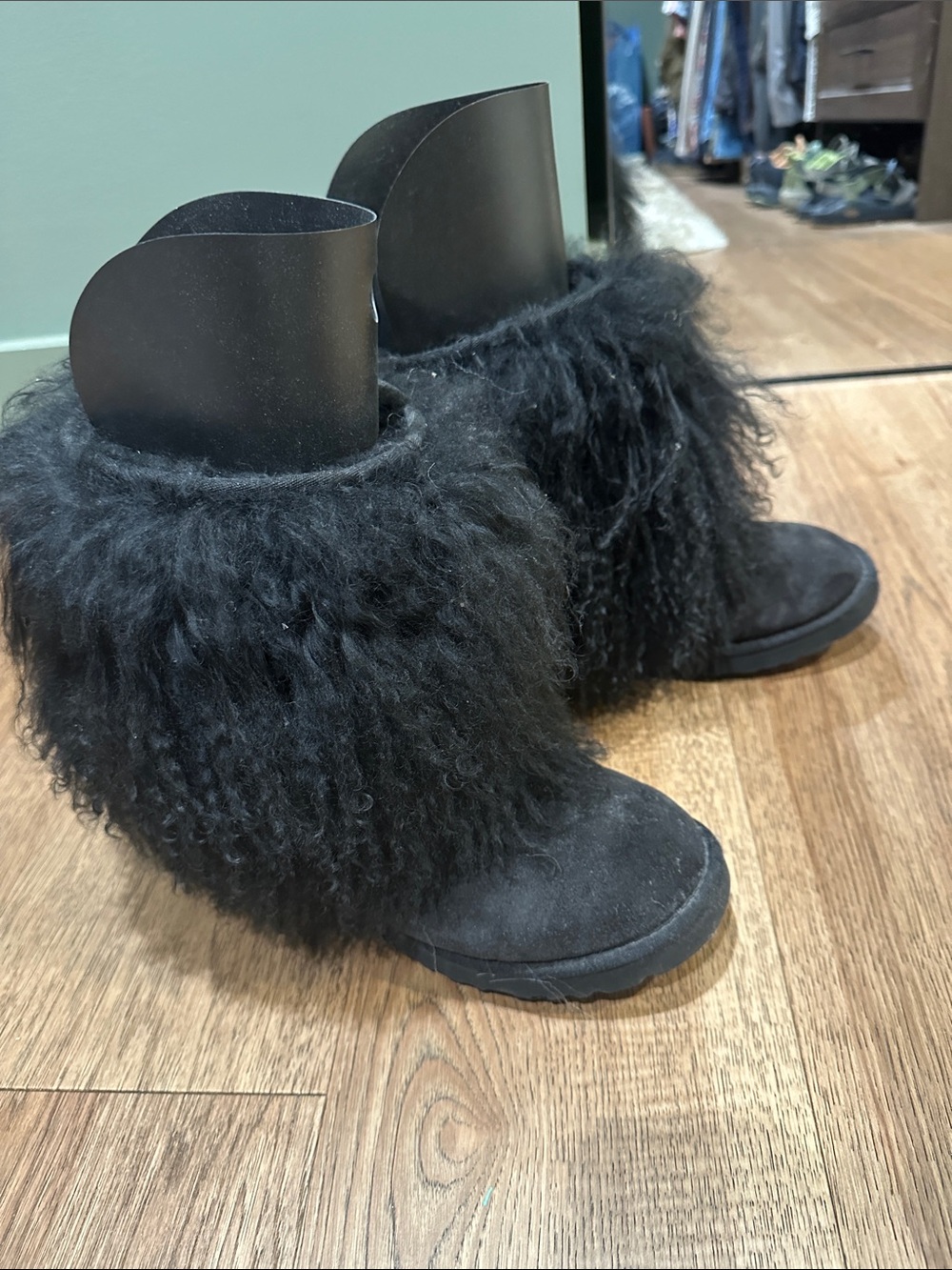 UGG Black Curly Fur Cuff Booties - Women